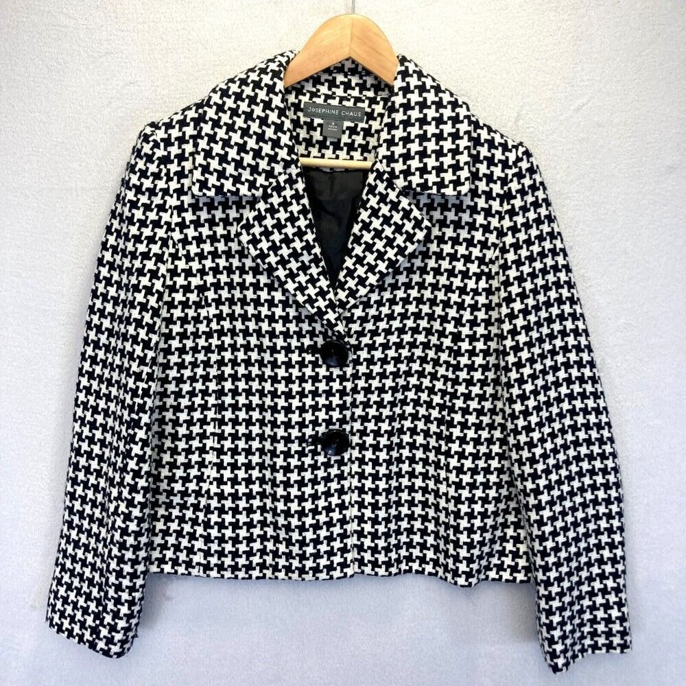 Josephine Chaus Houndstooth Blazer Womens 6 Black White Corpcore Plaid Jacket